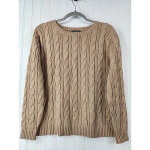 Lands End Womens Cable Knit Sweater Tan Camel 100% Cotton Petite Large 14-16